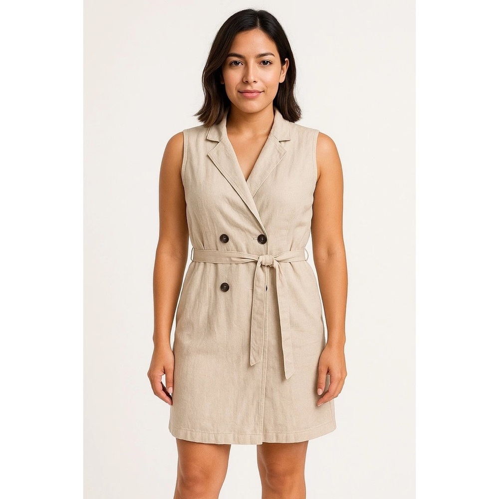 H&M beige linen blend knee length button front belted lapel dress sz Small
 b63